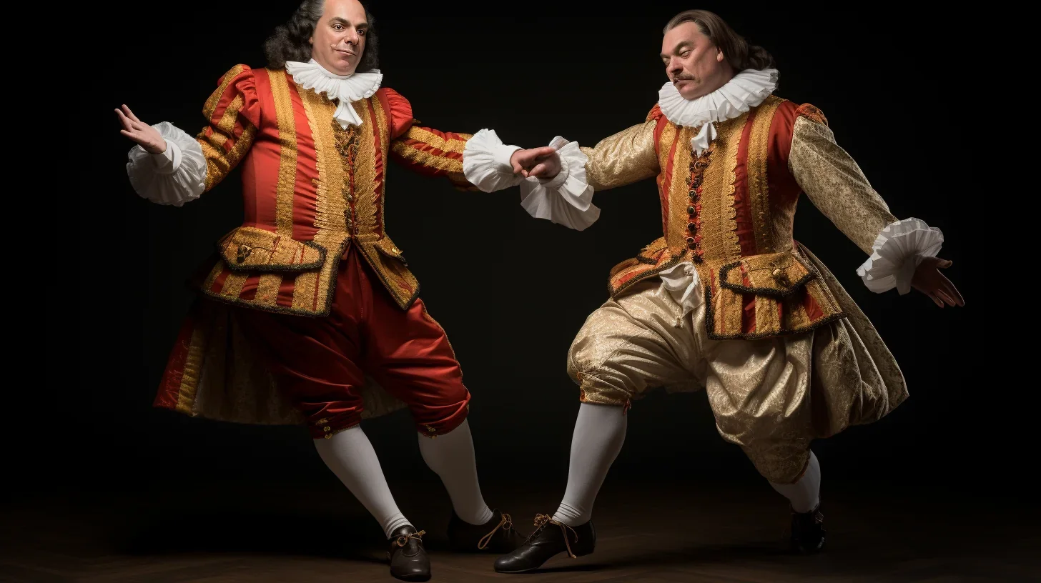 Cette photo éblouissante capture un moment inoubliable du spectacle "Figaro et le Comte". Les deux personnages principaux, Figaro