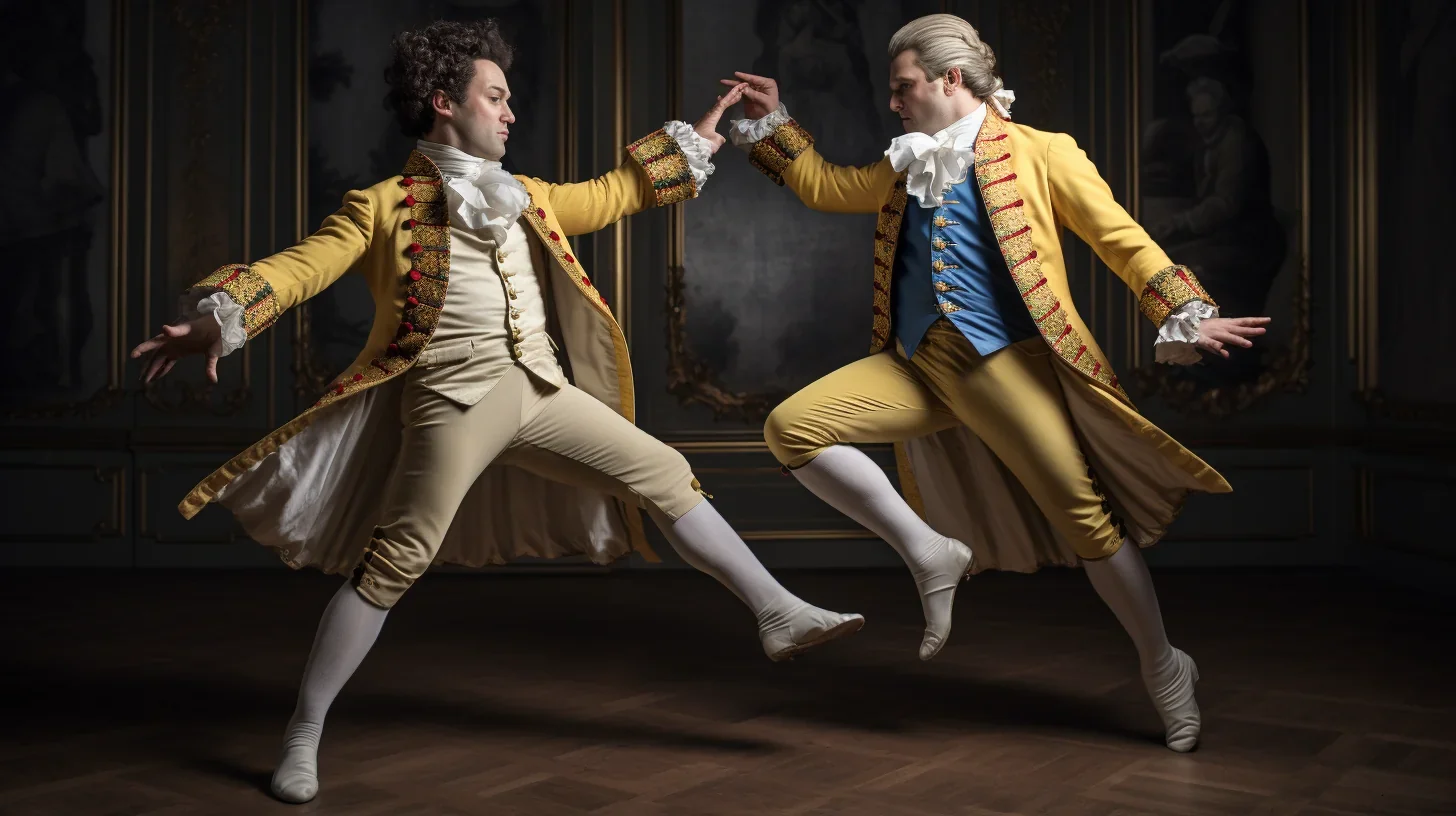 Cette image envoûtante capture la grâce et l'élégance du ballet inspiré de l'œuvre "Le Mariage de Figaro". Les danseurs, vêtus de