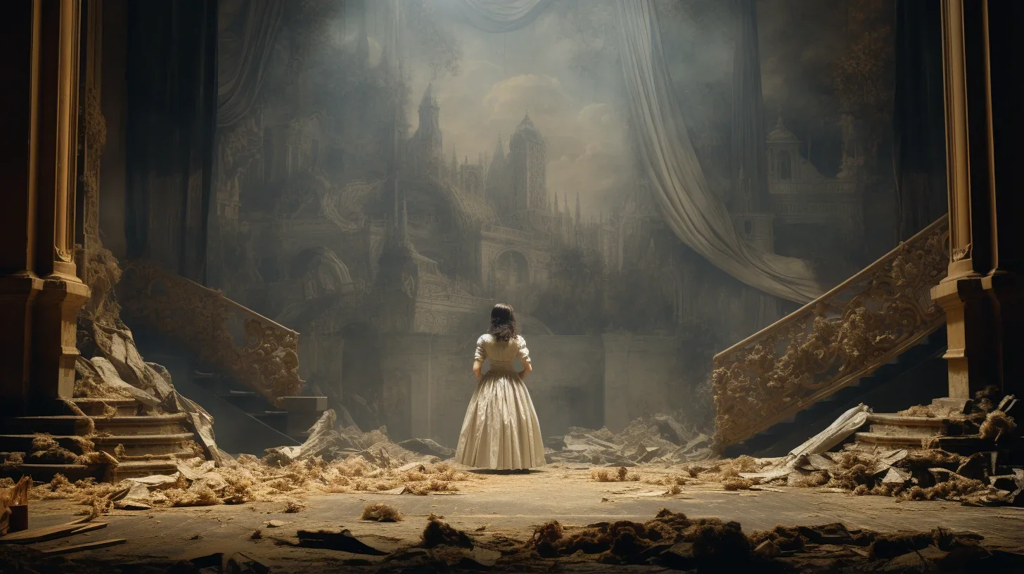 Une image saisissante capturée en plein cœur de la scène du spectacle. L'actrice, seule sous les projecteurs, incarne l'émotion pu