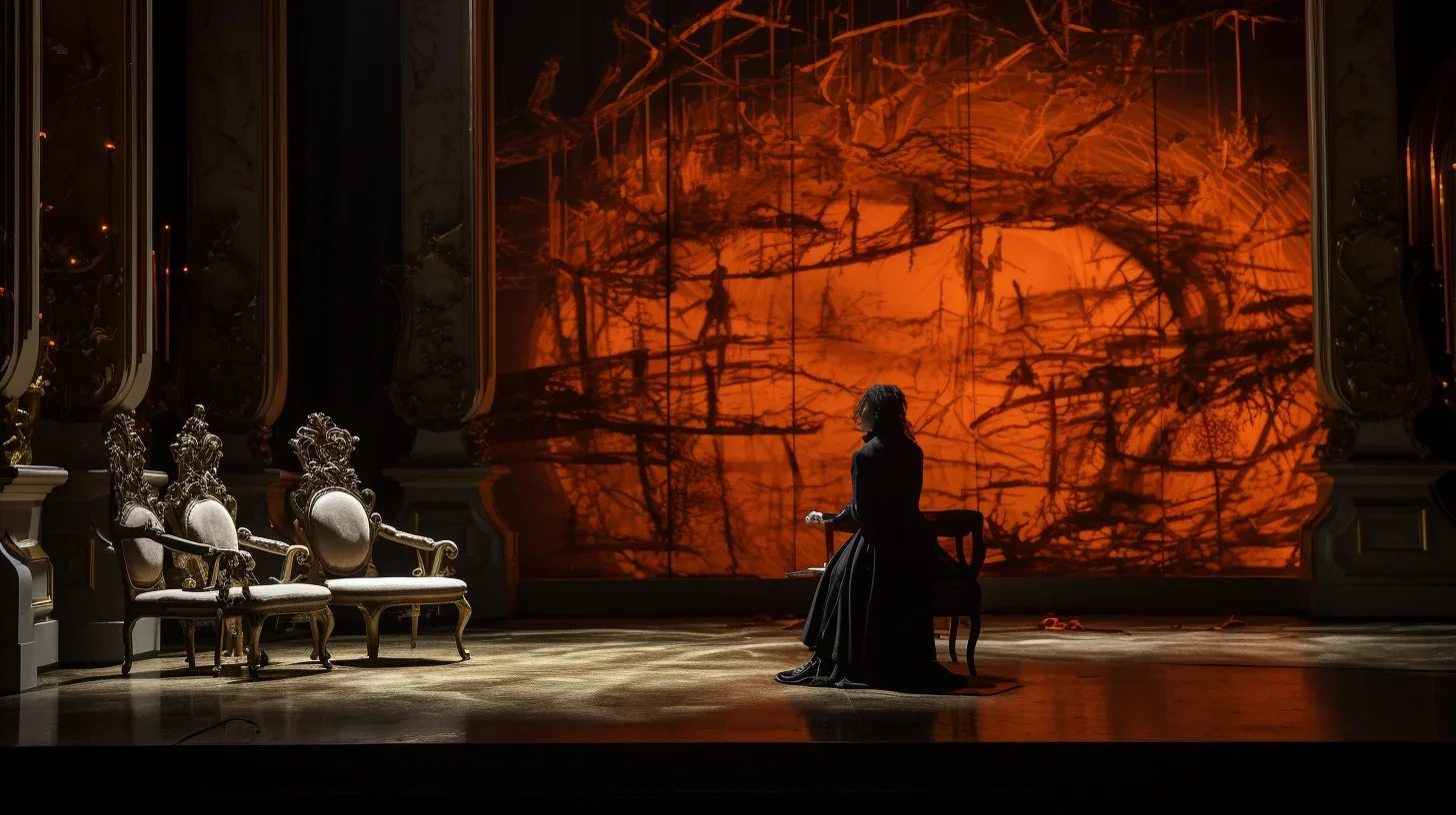 Une image qui capture l'instant de calme au cœur de la scène du spectacle. L'actrice, assise sur les planches, semble plongée dans