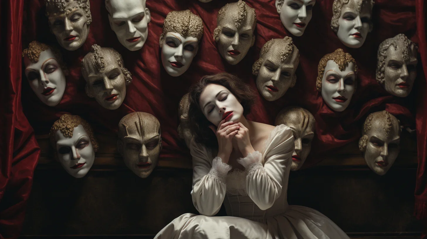 Une image captivante qui nous plonge dans l'univers fascinant de l'actrice. Elle se tient au centre, entourée de costumes et de ma