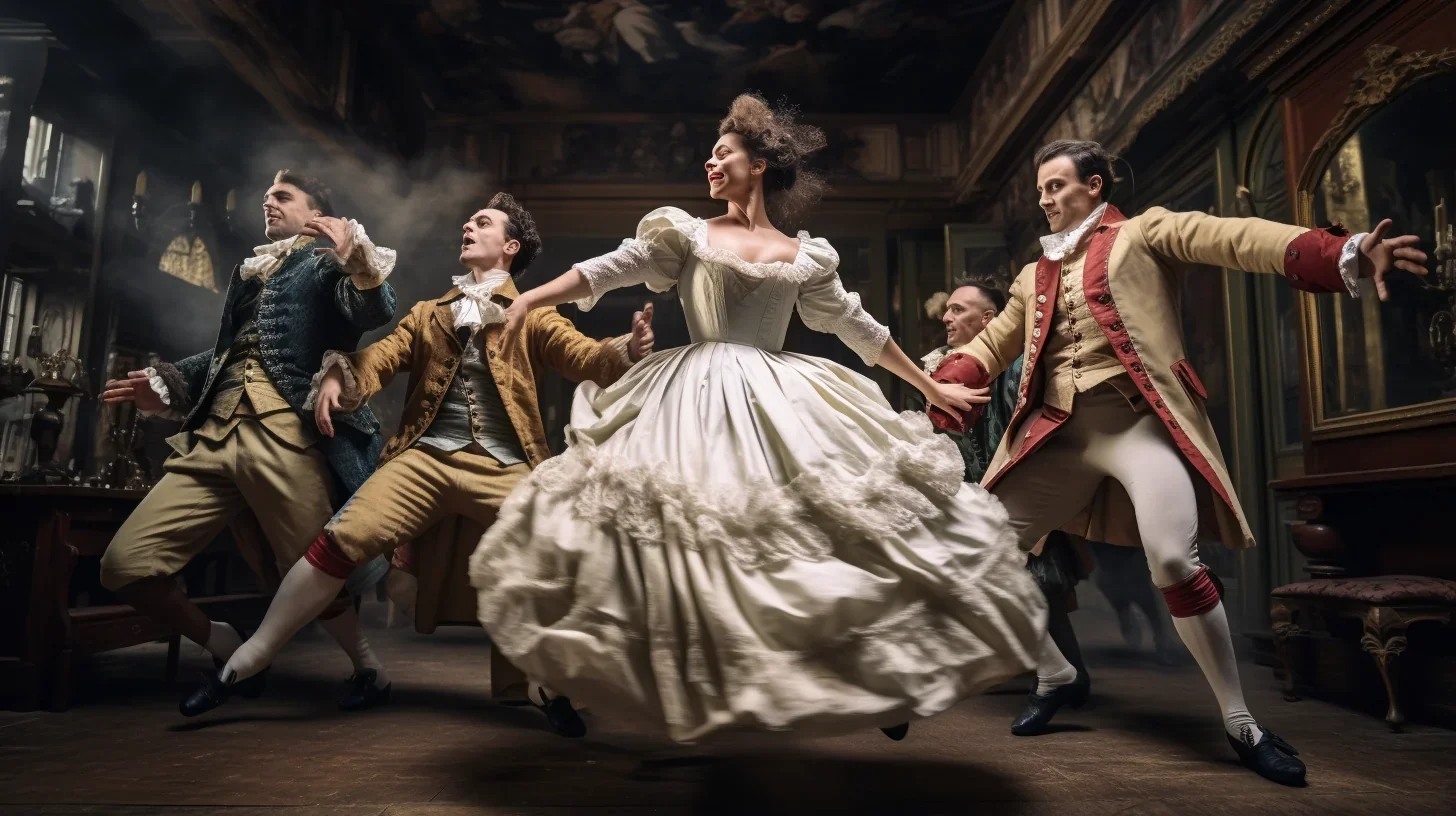 Cette photo capture l'énergie et la folie joyeuse d'une danse effrénée. Les mouvements sont une expression pure de la joie de vivr