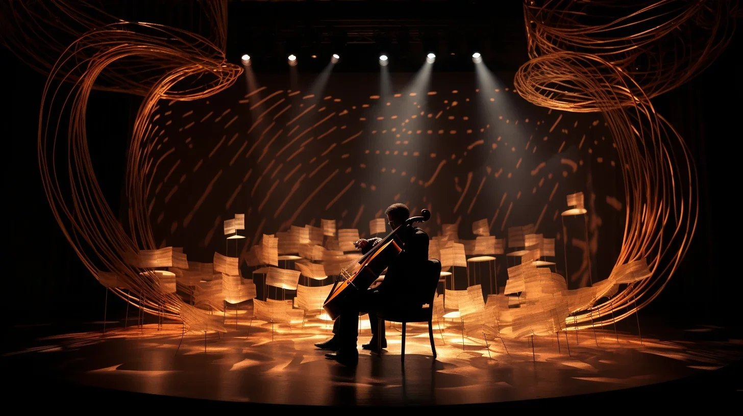 Le violoncelle, telle une âme mélodieuse, imprègne l'air de sa grâce. Dans l'obscurité des coulisses, ses vibrations douces créent