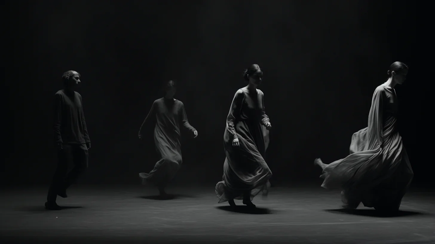 Cette saisissante photo en noir et blanc capture l'intensité d'un exercice de groupe lors d'un atelier de théâtre. Les visages con