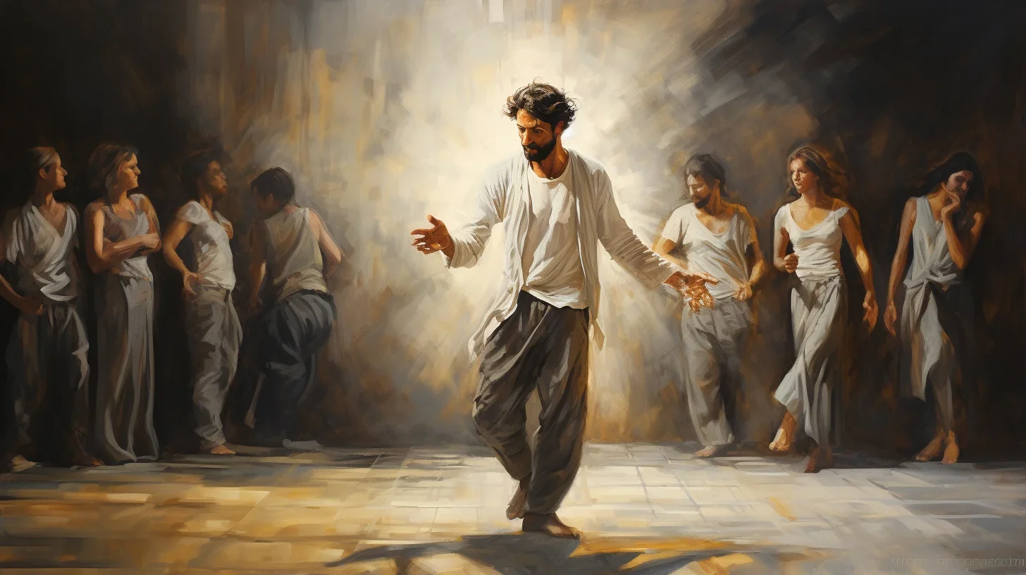 Cette peinture saisissante illustre un moment intime dans un atelier de théâtre, où le professeur guide avec bienveillance les pas