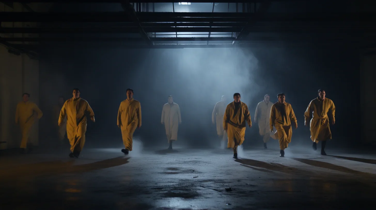 Cette photo saisit un instant de grâce alors que les hommes participent à un exercice de marche. Leurs pas mesurés et synchronisés