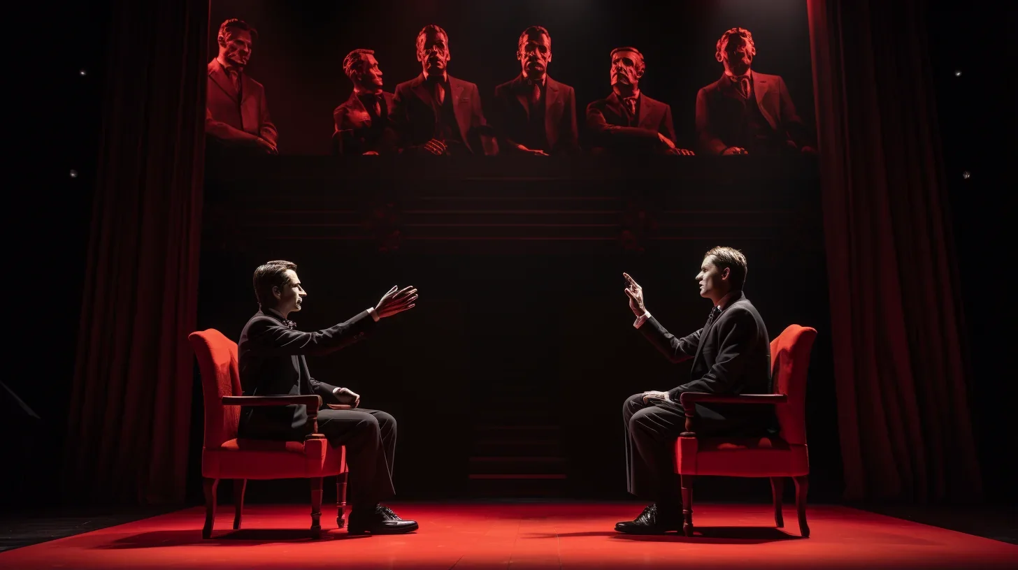 Dans une atmosphère chargée d'émotion, deux hommes assis sur la scène engagent un débat animé. Leurs expressions faciales et geste