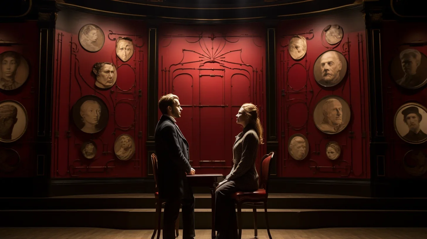 Une scène envoûtante où deux acteurs s'expriment avec passion et éloquence. Leur dialogue captivant transporte le public dans un m