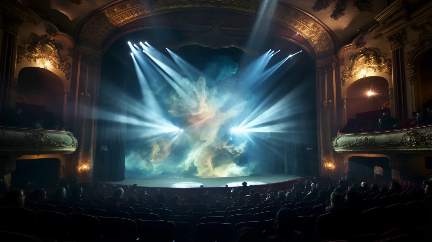 Image de la scène éclairée sous les projecteurs, avec un public captivé