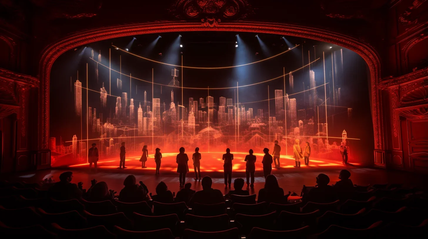 Image de la scène en rouge avec les comédiens jouant leurs rôles