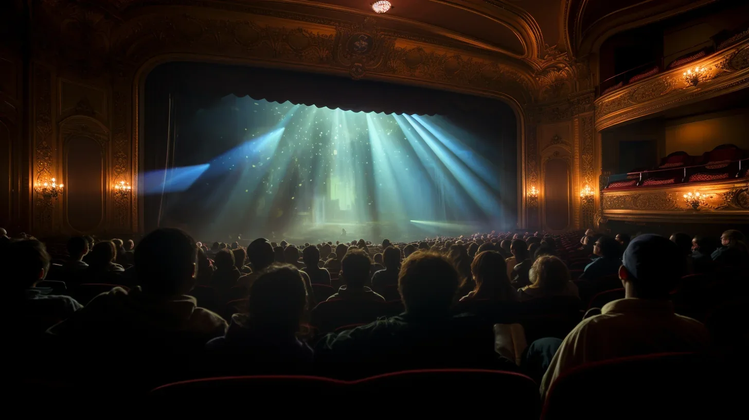 Image du public observant le spectacle, la scène illuminée par des projecteurs
