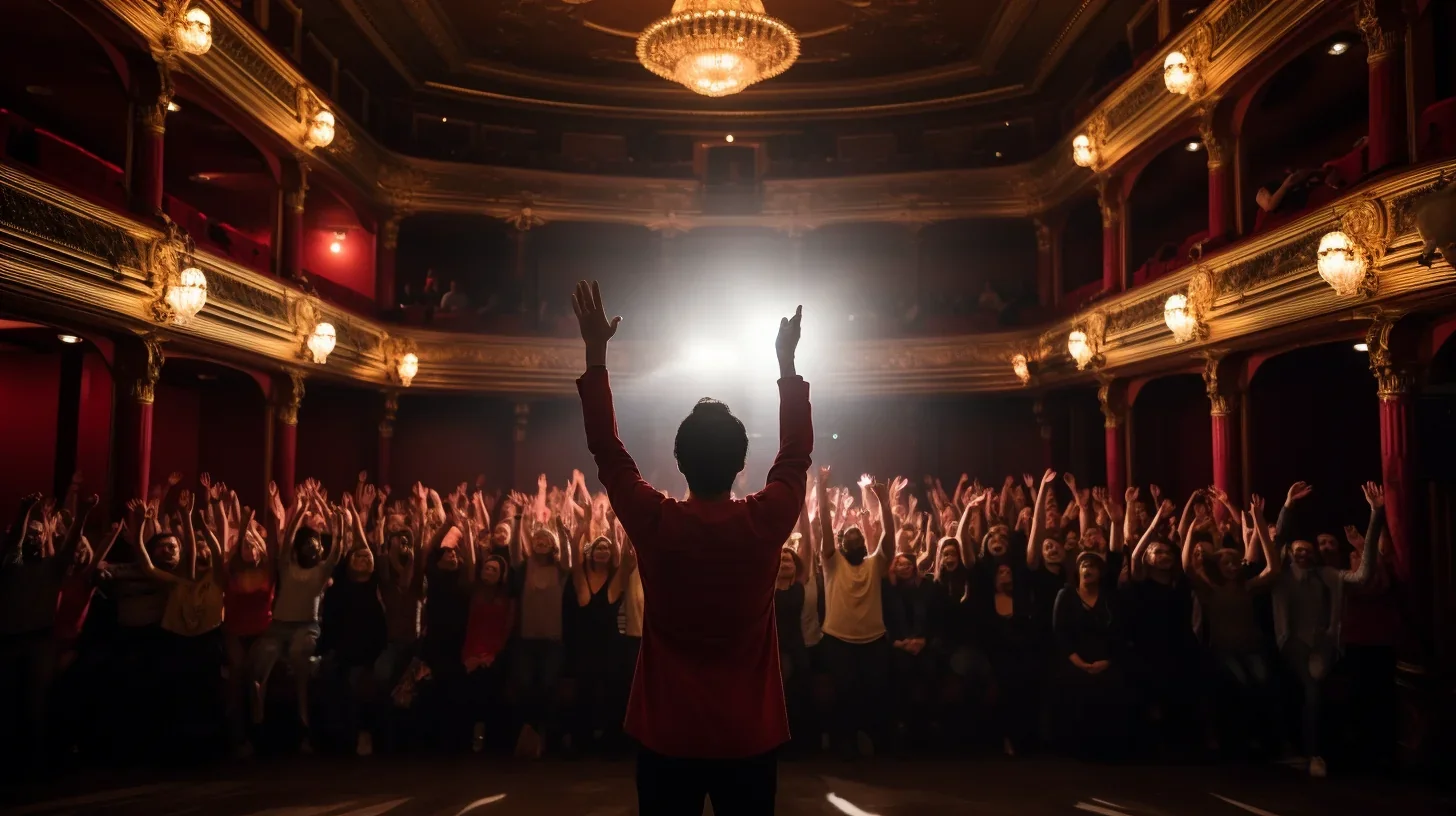 Acteur sur scène engageant le public avec passion