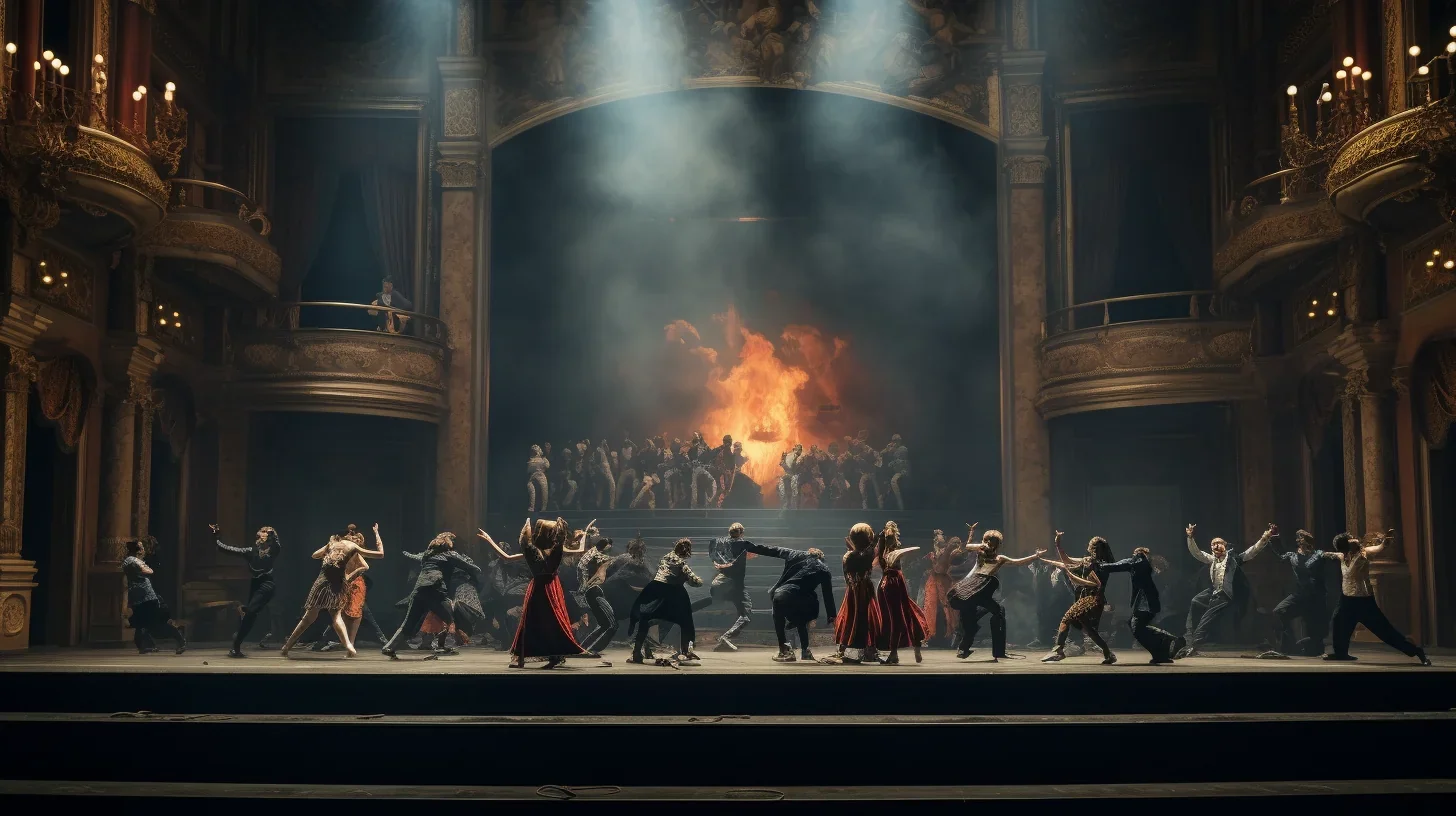 Une scène vibrante où tous les personnages du spectacle se rassemblent pour une performance épique.