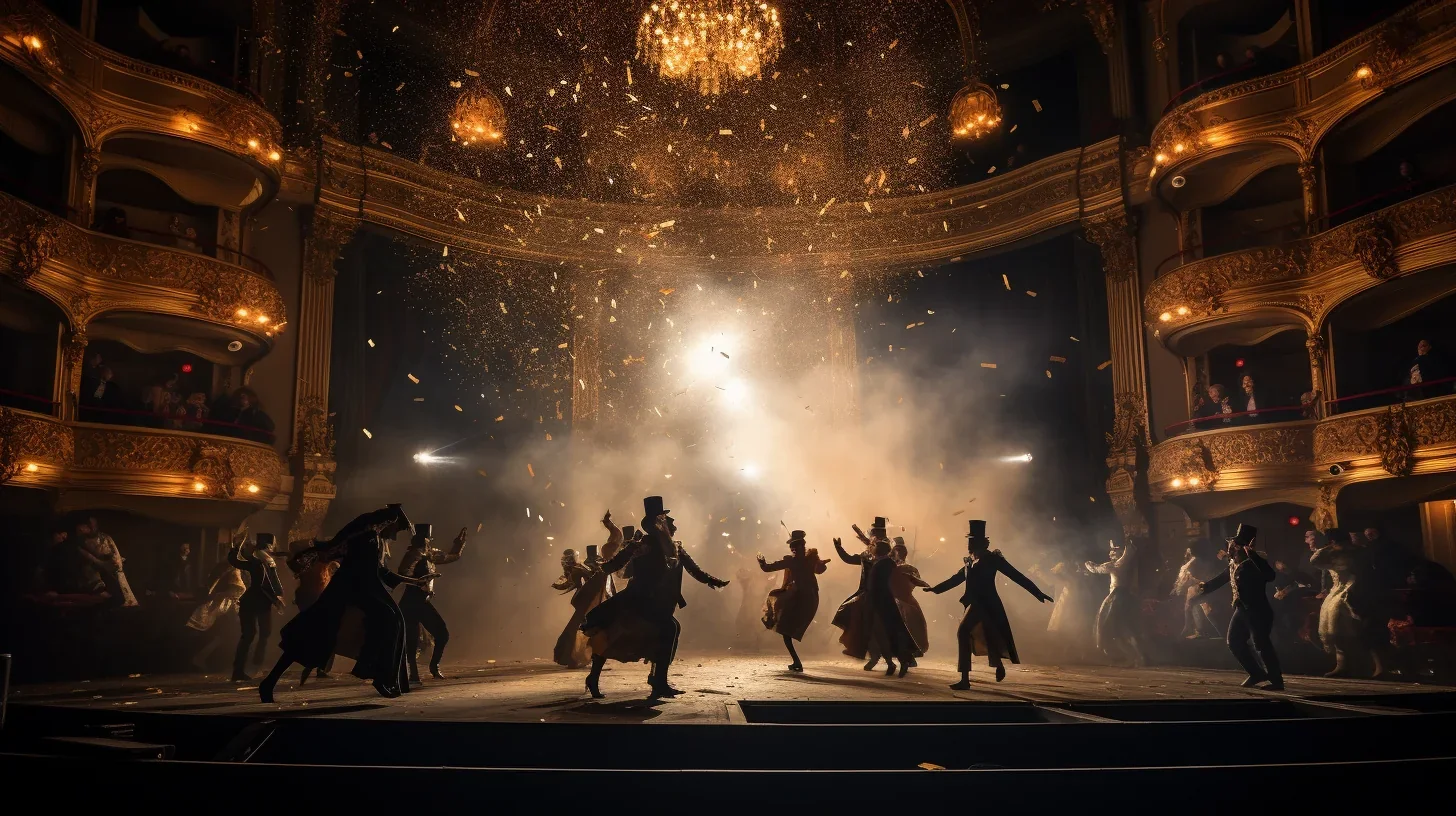 Les personnages principaux éclairés par des projecteurs sur scène.