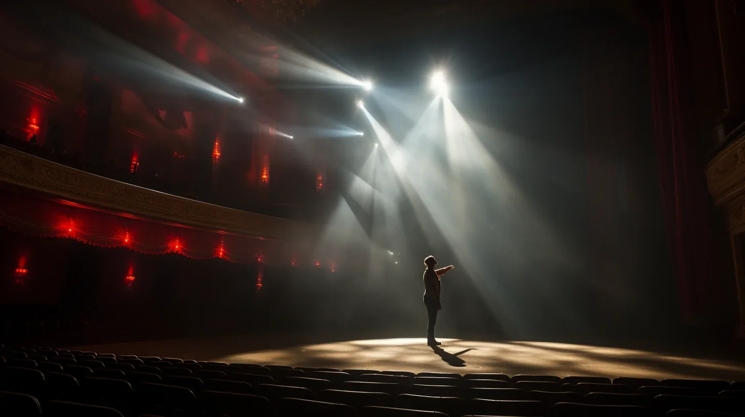Un acteur en pleine répétition générale d'un monologue poignant sur scène.