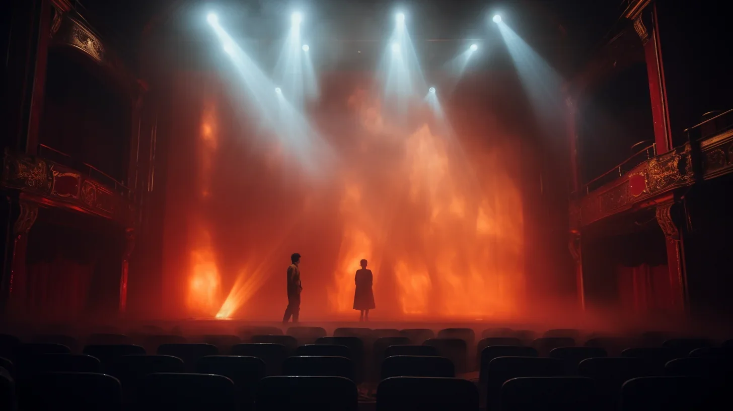 Deux comédiens évoluent sur scène dans un décor illuminé par des effets de feux éblouissants.