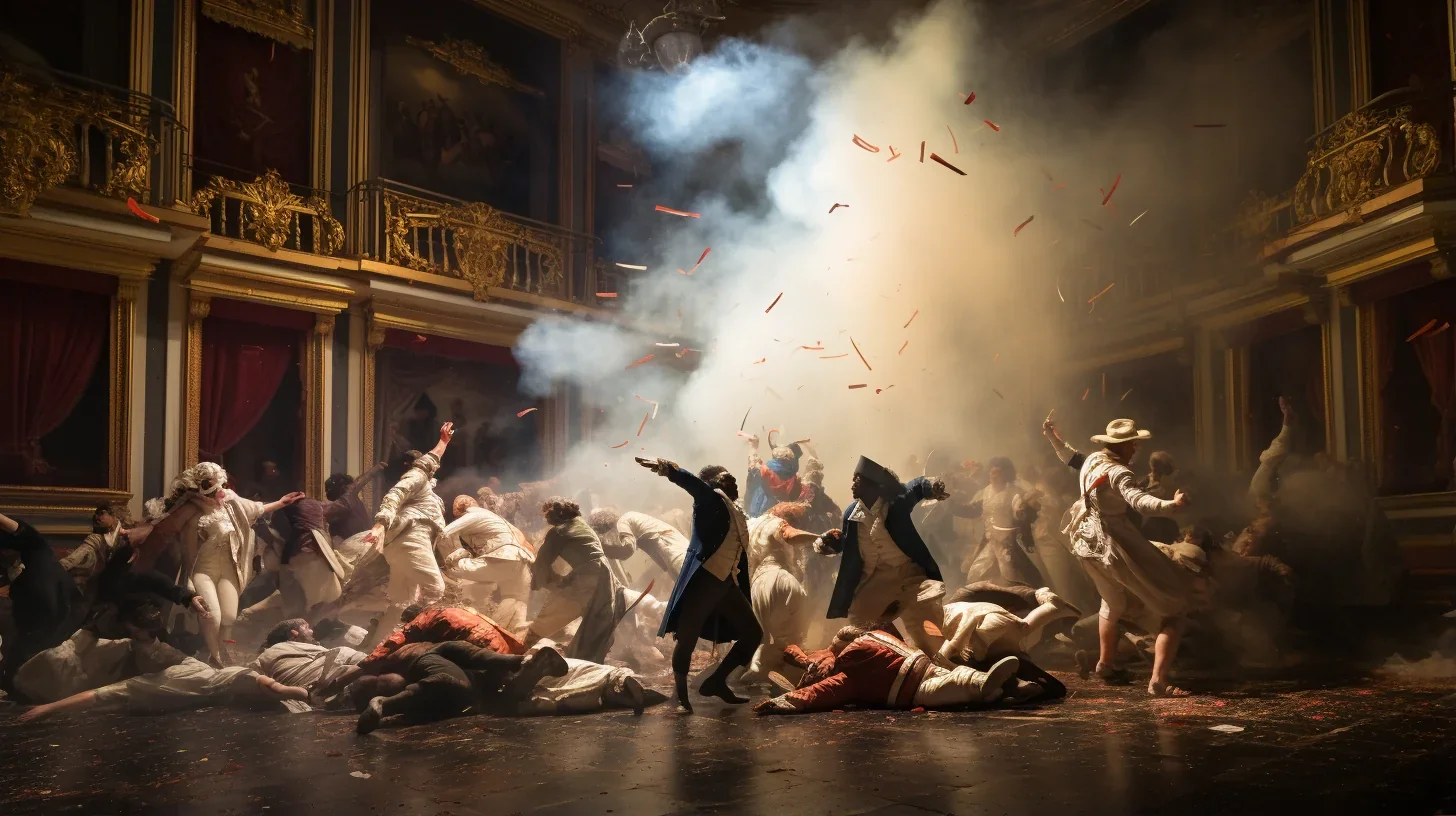 Acteurs évoluant au milieu de décors et d'effets scéniques spectaculaires