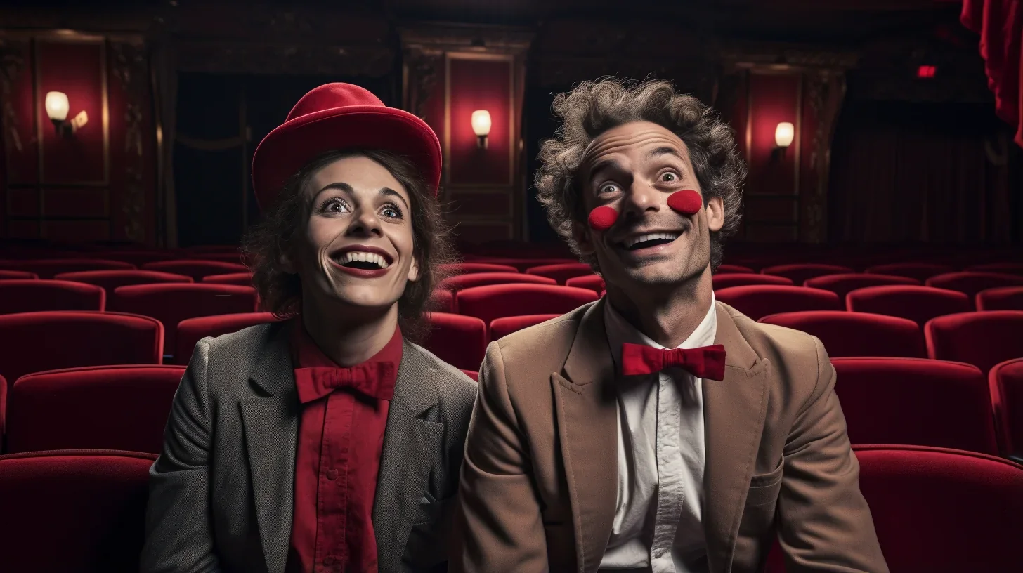 Deux comédiens maquillés en personnages comiques rient dans la salle pendant une scène comique en direc