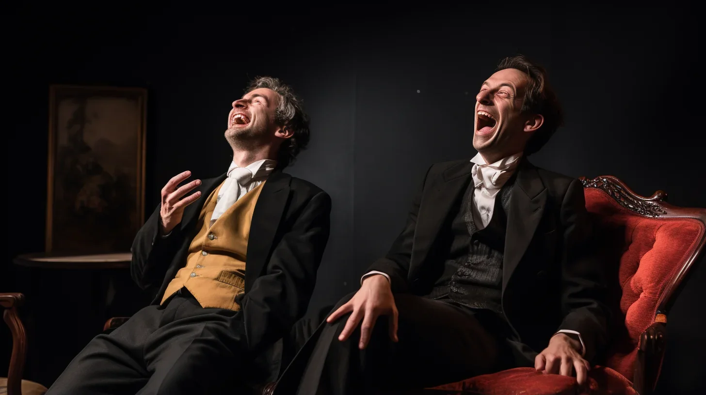Deux comédiens en costumes de comédie burlesque, assis sur des chaises, riant aux éclats