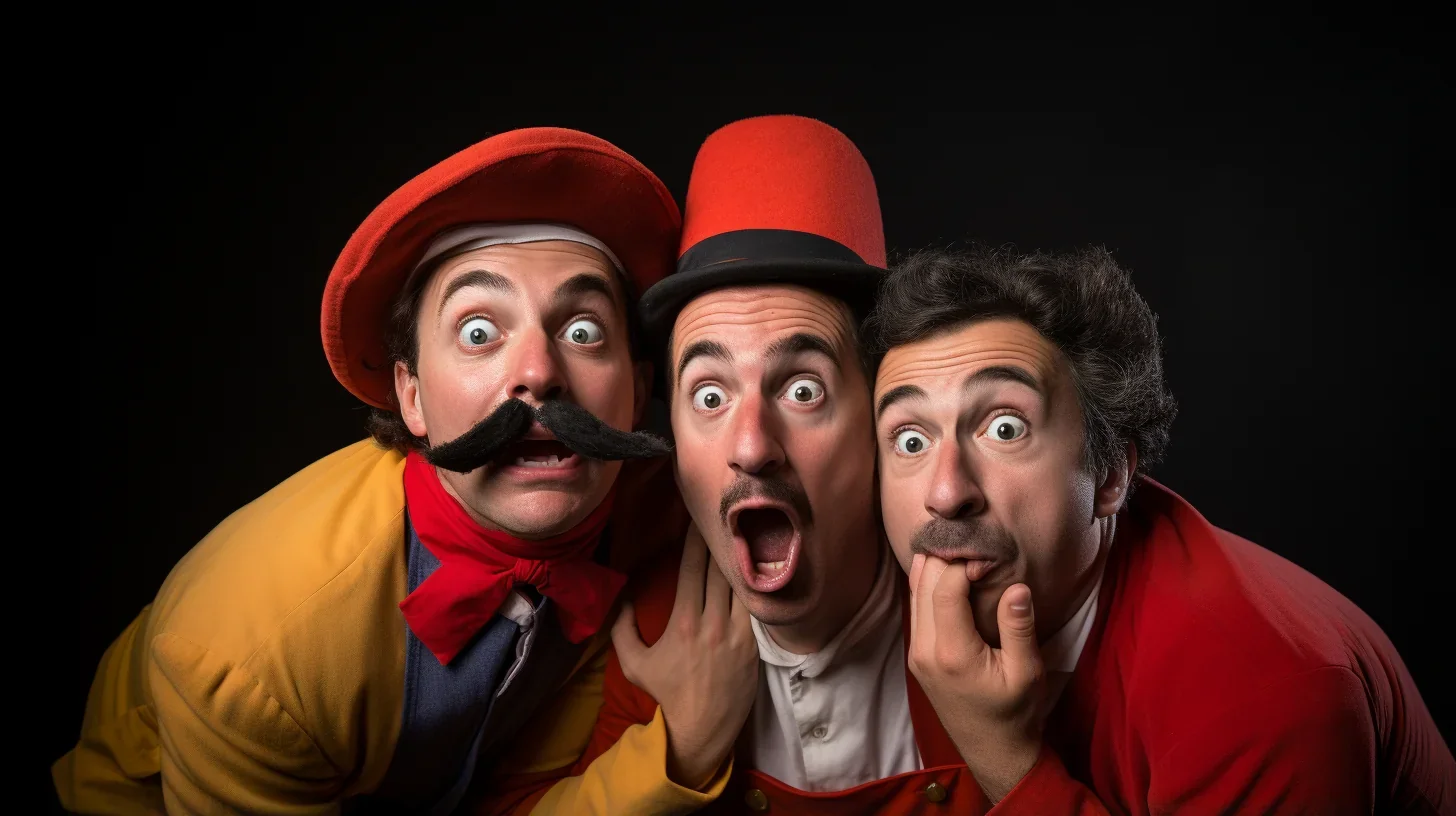 Image promotionnelle d'un trio de comédiens costumés pour l'affiche du spectacle