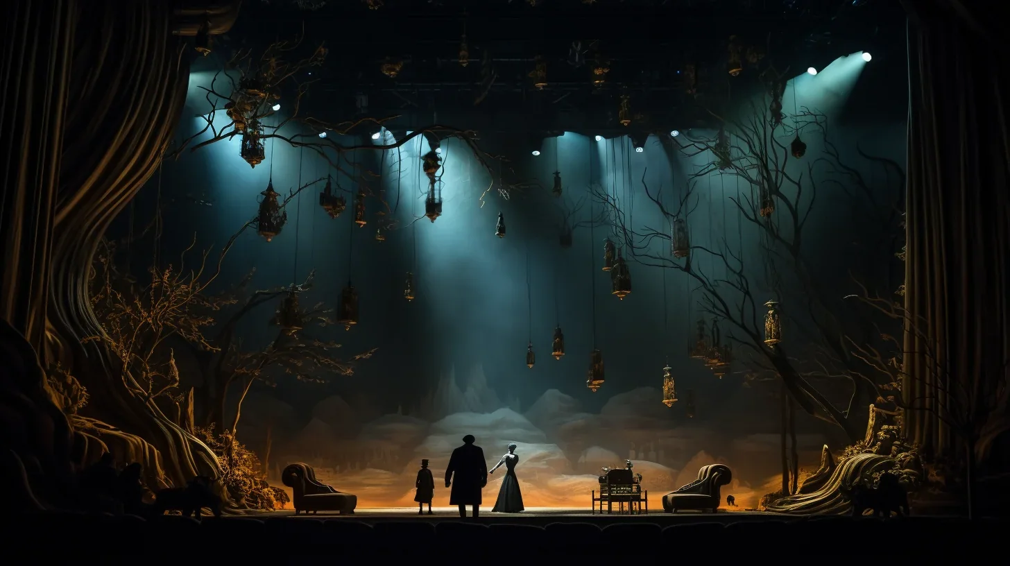 Vue captivante de la scène depuis l'arrière de la salle avec les acteurs en plein jeu