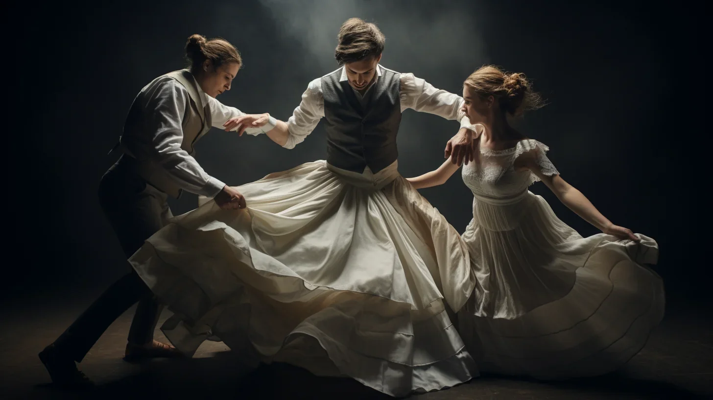 Acteur exécutant une danse en costume féminin lors d'un stage de théâtre