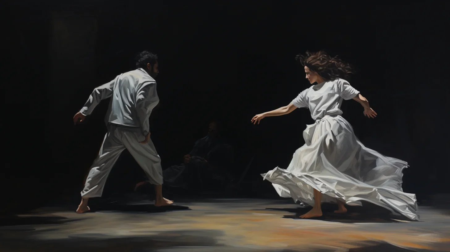 Deux acteurs s'engageant dans une séance d'improvisation lors d'un atelier de théâtre