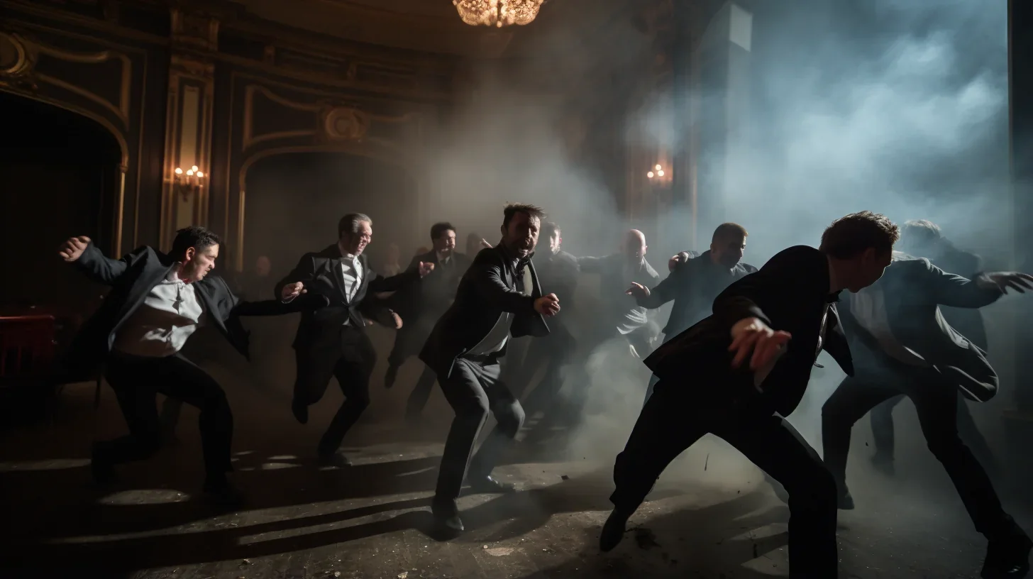 Hommes en mouvement lors de la répétition finale de 'Les gens en noir' en costumes noirs