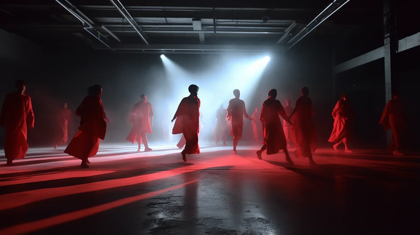 Participants sur scène dans un décor rouge lors d'un exercice public