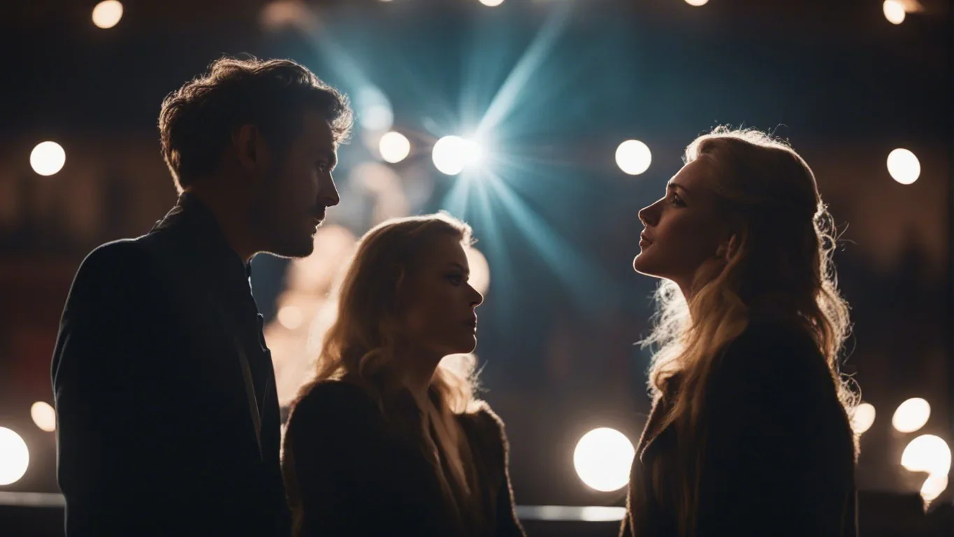 Deux acteurs exprimant des émotions vives dans une scène de dialogue théâtral