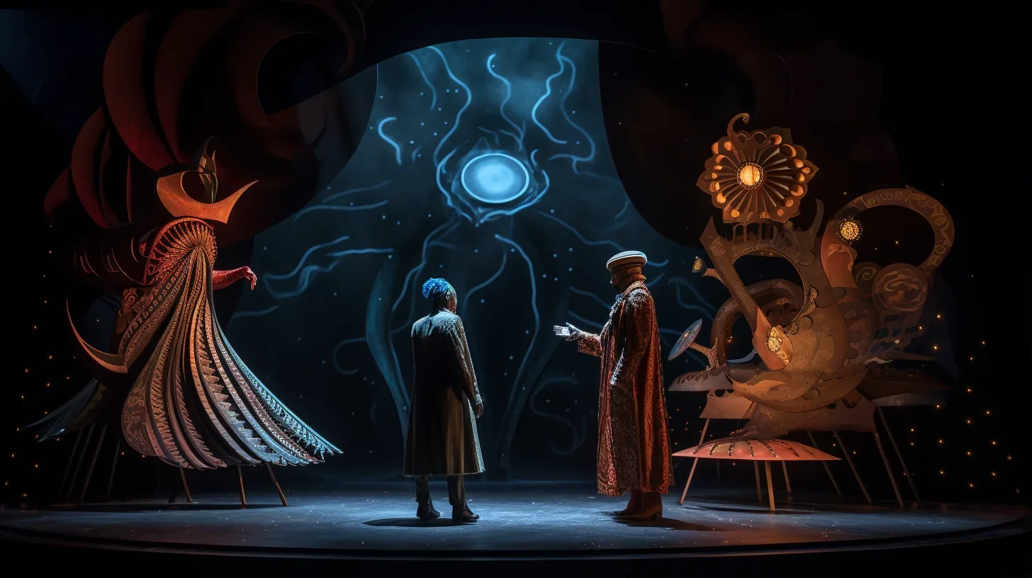 Image représentant le décor, l'éclairage et les deux acteurs dans une scène du spectacle fantastique