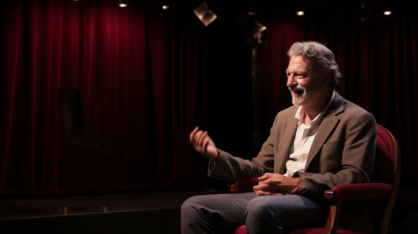 Image d'un acteur récitant un monologue avec une feuille de script sur scène