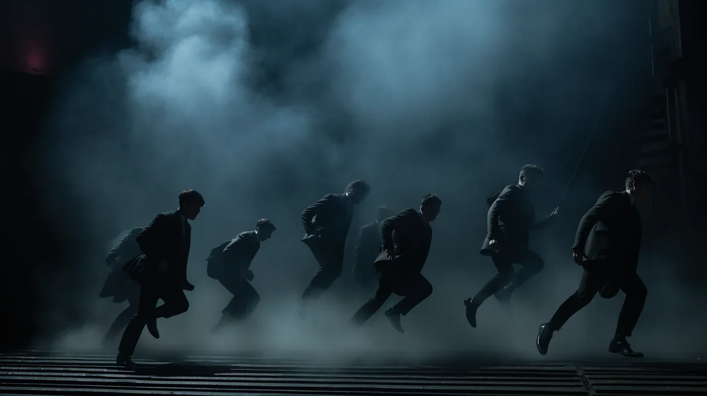 Image illustrant un groupe d'acteurs en plein exercice de scène en mouvemen