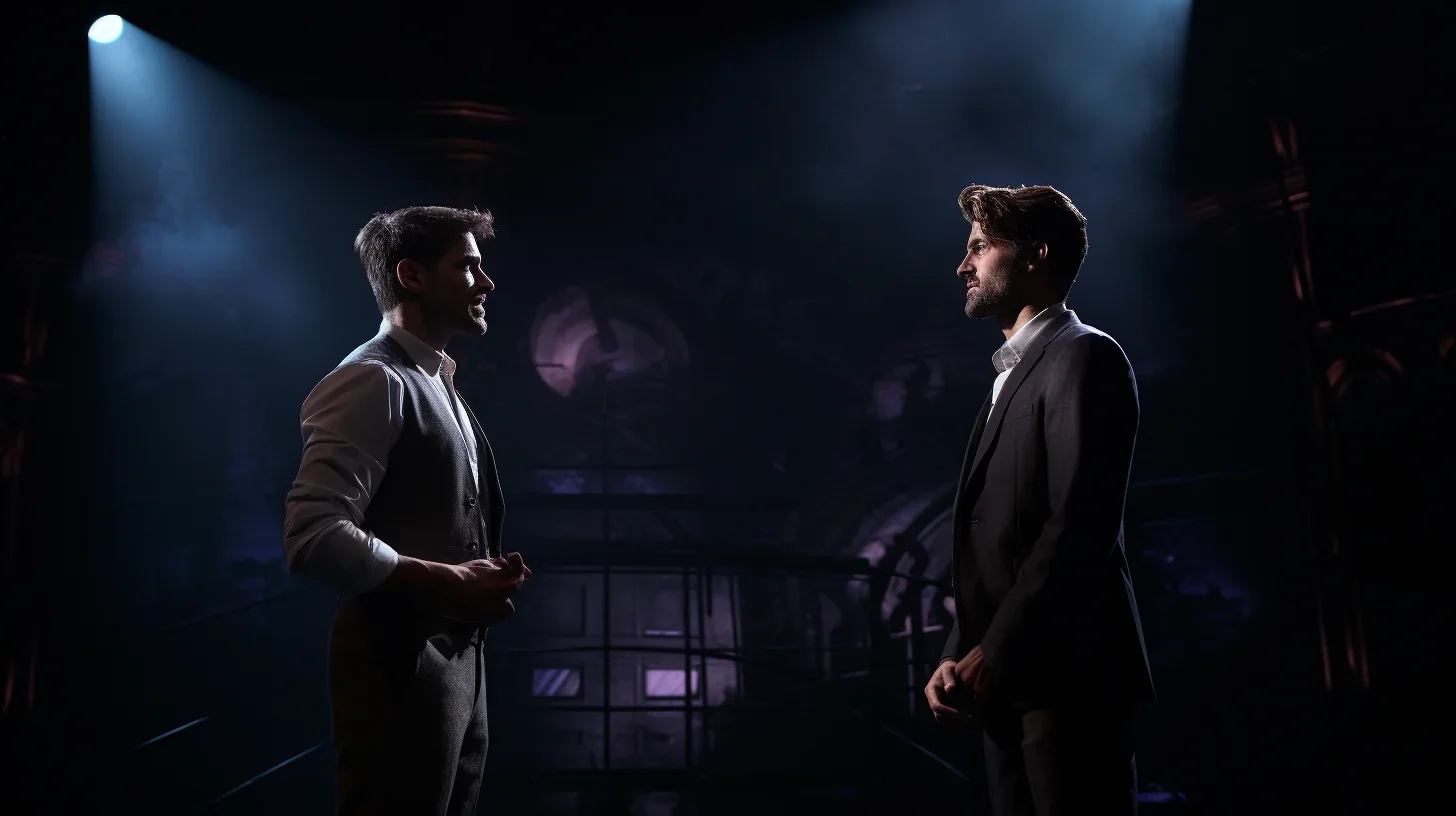 Image représentant deux hommes se faisant face sous les projecteurs