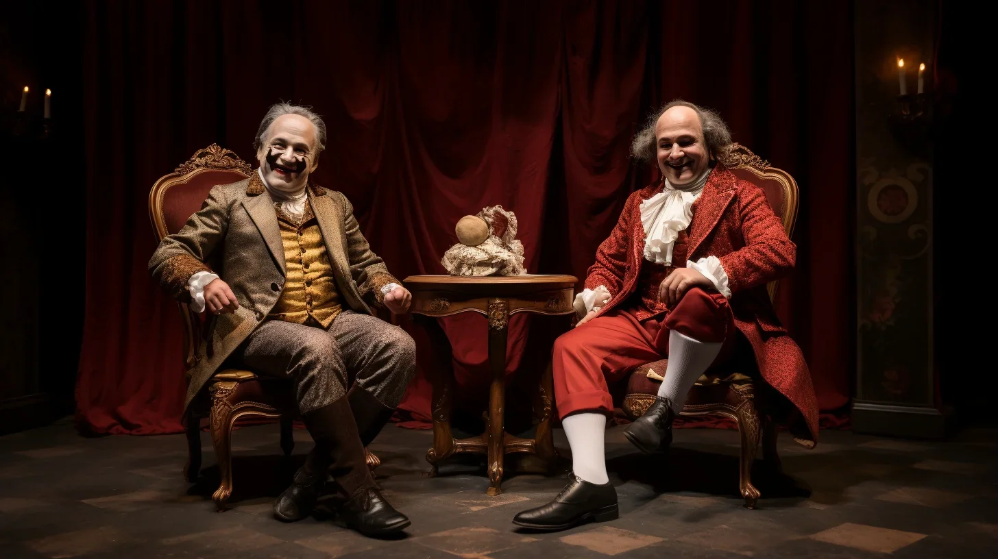 Deux acteurs sur scène dans un spectacle de la comédie classique