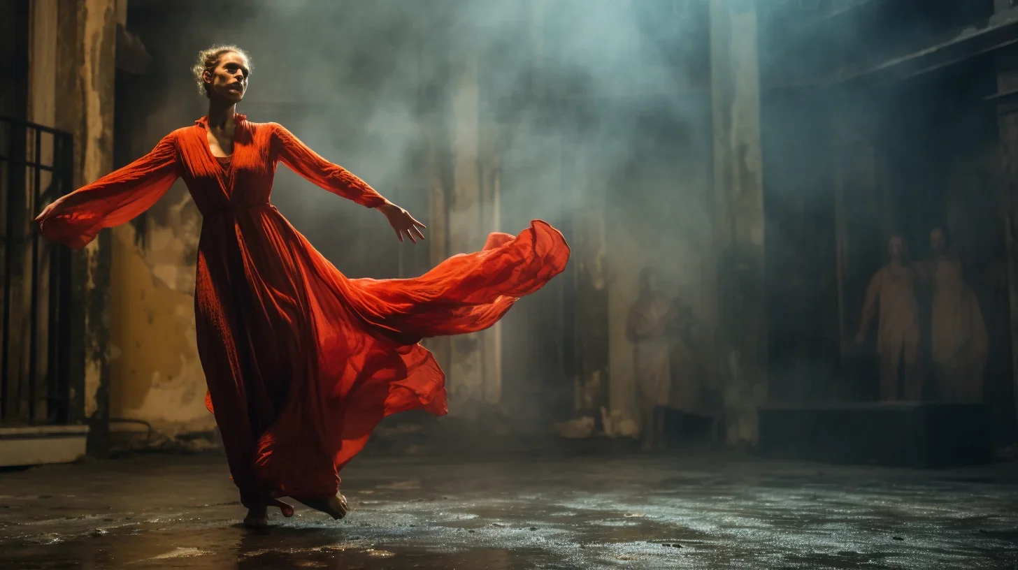 Actrice en robe rouge sur scène de théâtre en spectacle