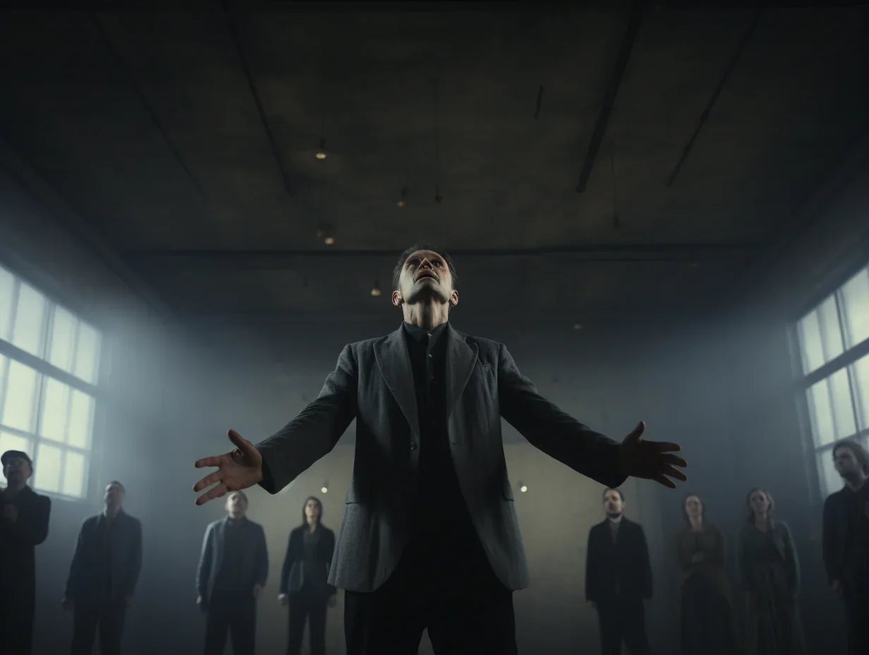 Acteur délivrant un monologue captivant dans une pièce de théâtre absurde