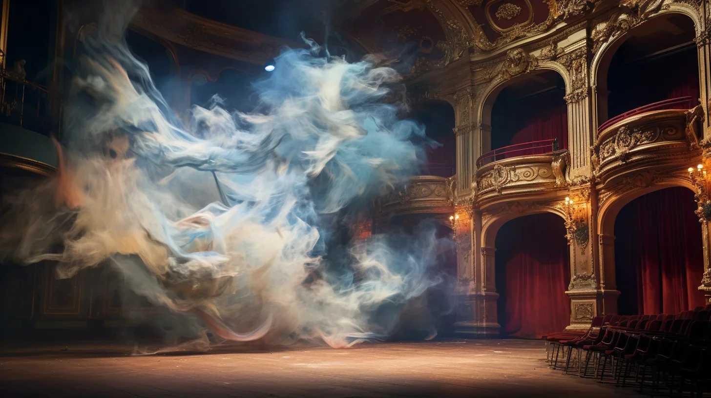 Scène de théâtre avec ambiance fumée créant une atmosphère mystérieuse