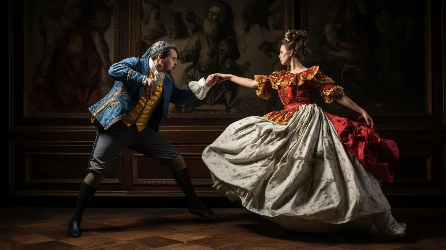 Image d'une pièce de théâtre mettant en scène deux personnages dans un cadre classique