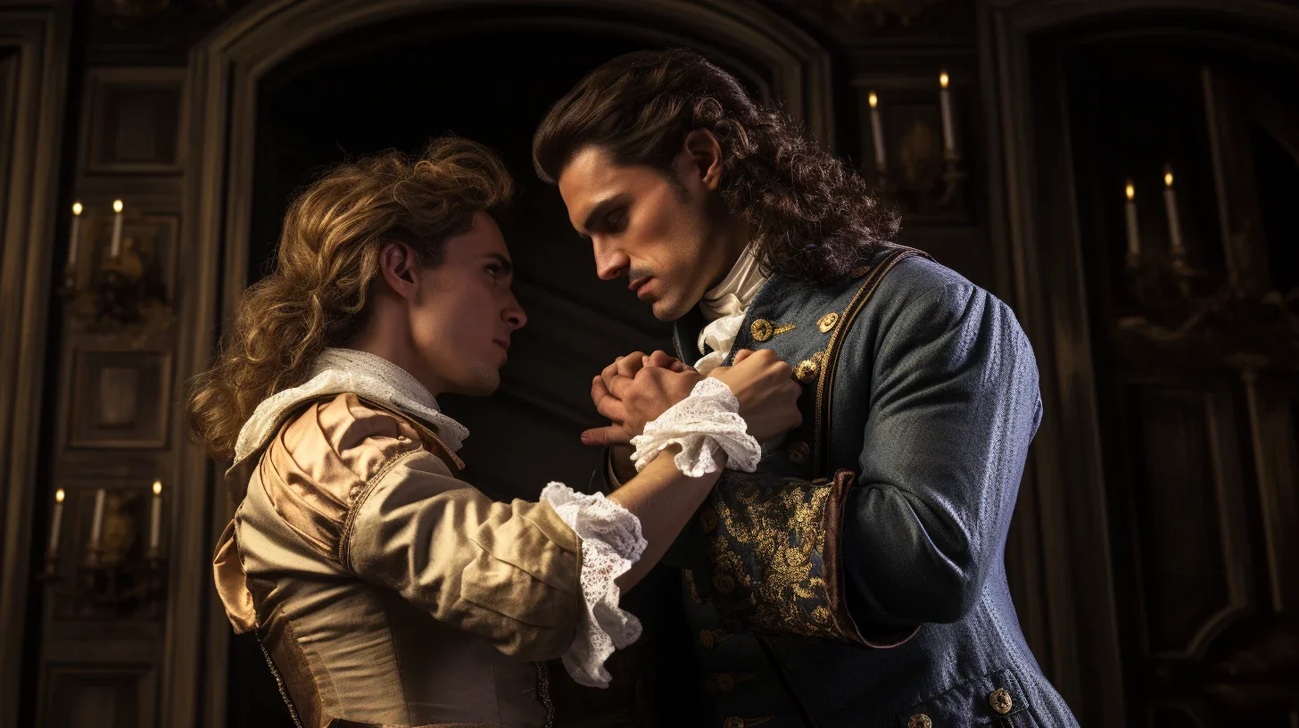 Scène théâtrale intense avec deux acteurs en action