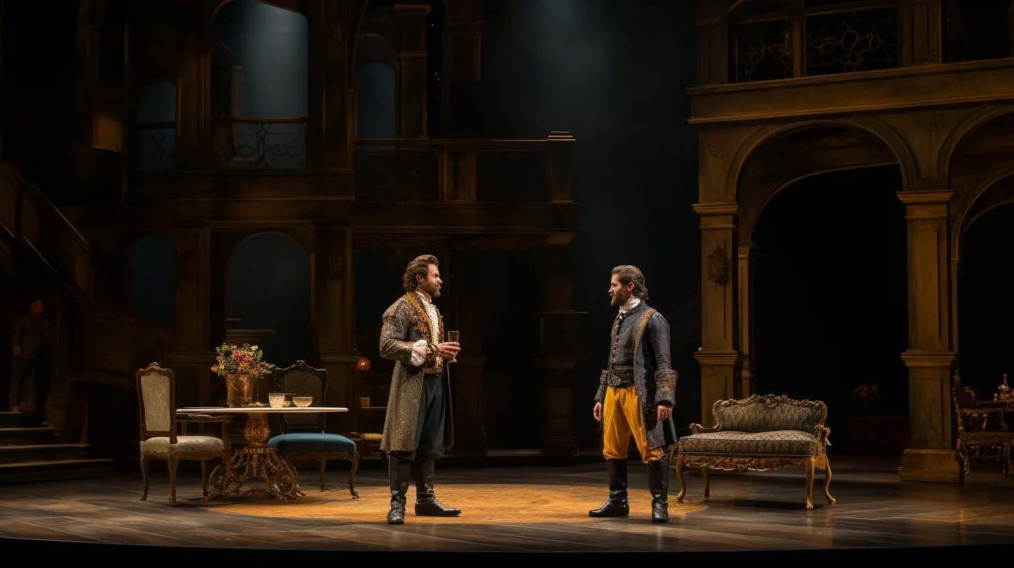 Image représentant une scène de théâtre où deux acteurs se font face en pleine confrontation dramatique