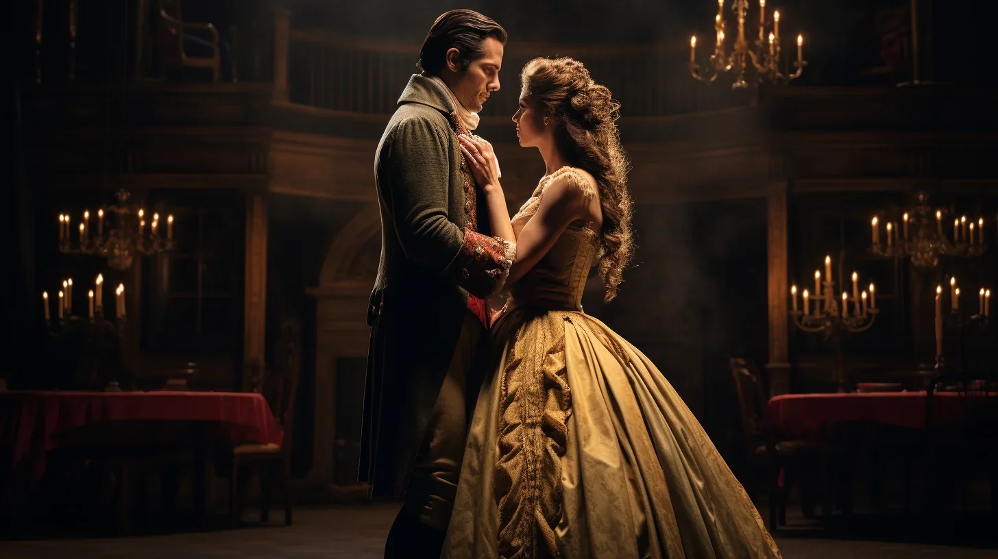 Deux acteurs interprétant des rôles sur scène pendant une performance en direct.