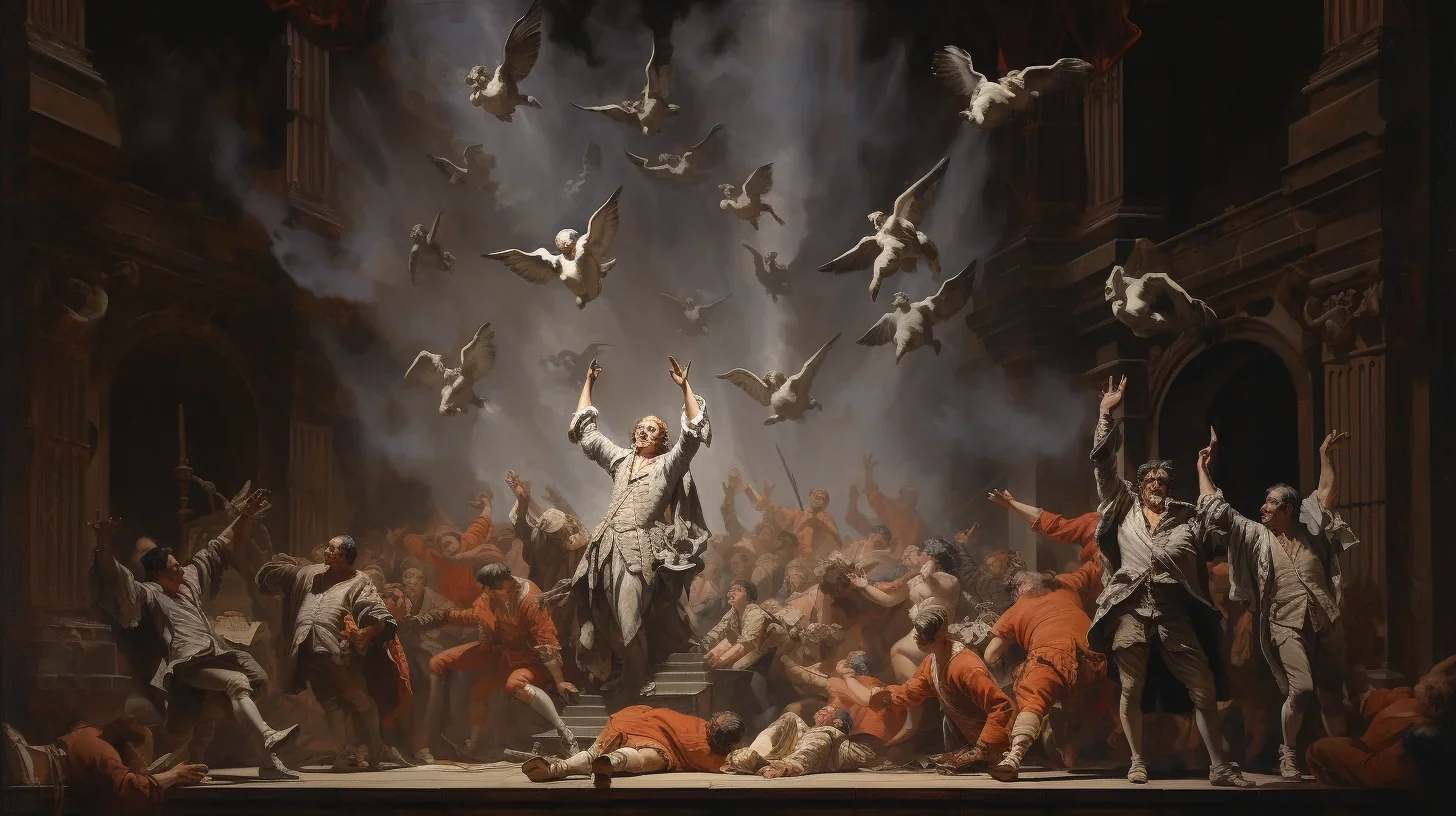 Acteurs incarnant une scène d'une pièce de théâtre inspirée par Victor Hugo