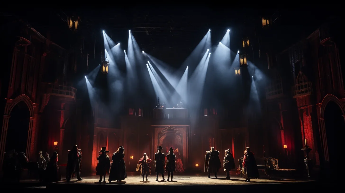 Artistes se produisant sur une scène théâtrale somptueusement décorée, jeux de lumière captivants