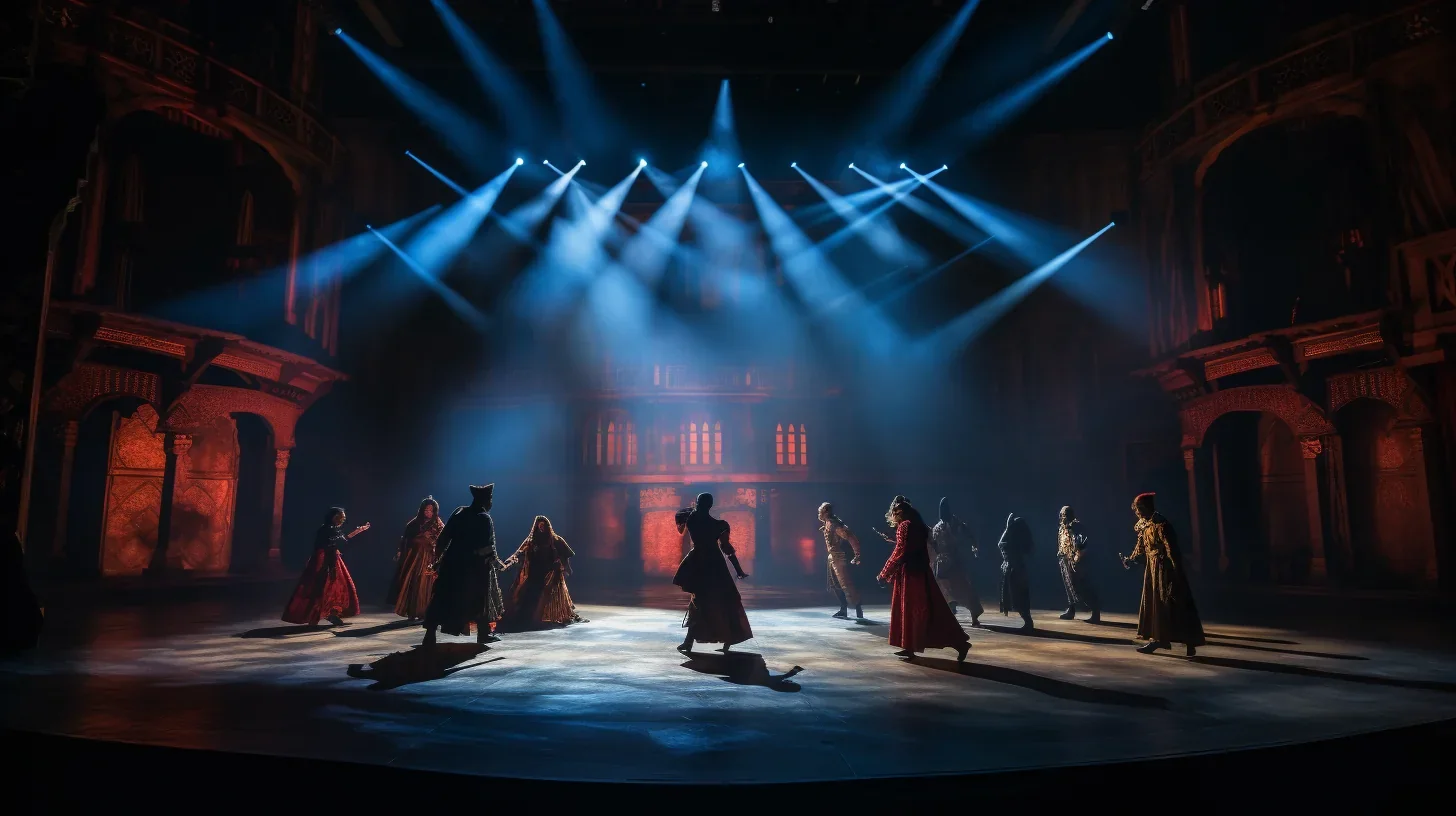 Artistes performant sur une scène théâtrale richement décorée, jeu de lumière vibrant