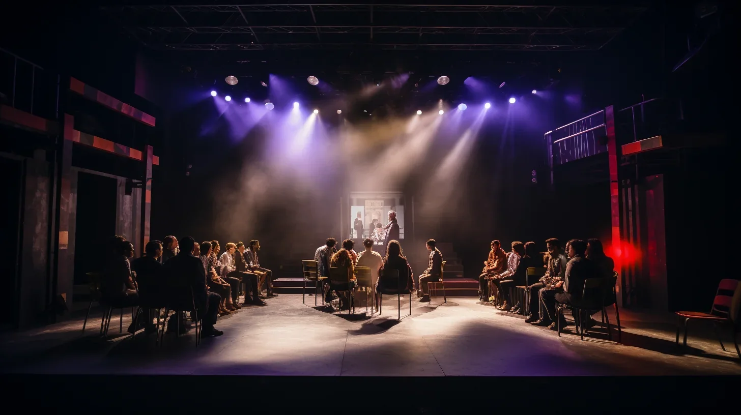 Artistes pratiquant des exercices théâtraux devant un public lors d'un atelier