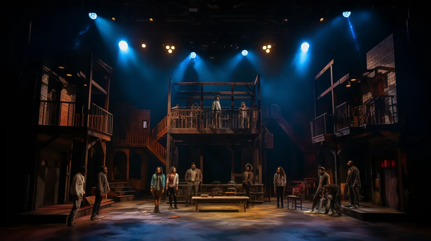 Scène dynamique du spectacle de clôture d'un atelier théâtral avec des acteurs en pleine performance