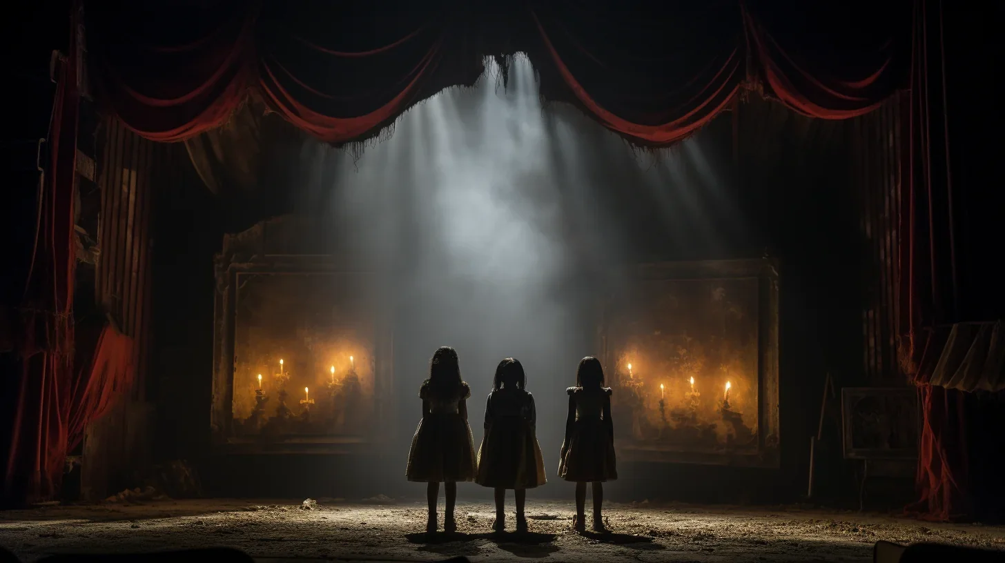Enfants déguisés et maquillés jouant leur pièce lors d'un atelier de théâtre