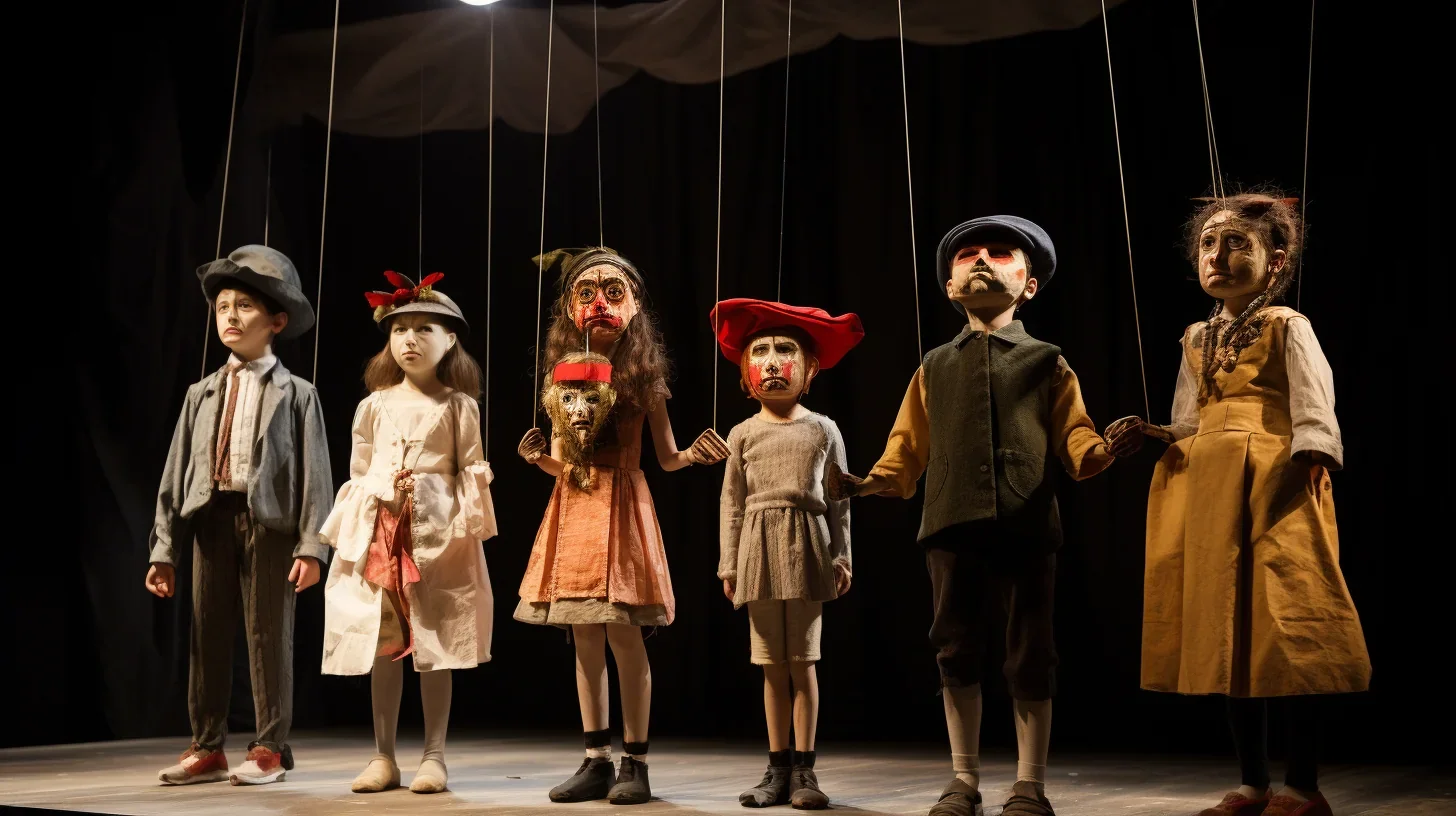 Enfants déguisés et maquillés jouant une scène théâtrale durant un atelier créatif