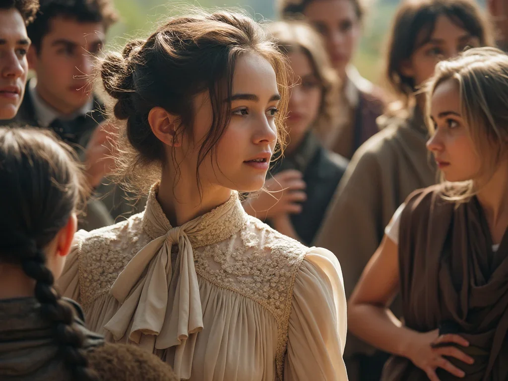 Un groupe de comédiens en costumes colorés sur scène, prêts à jouer.